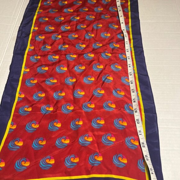 Handmade 100% Silk Red Scarf With Multicolor Design & Yellow Border 52X13.5 - Picture 5 of 6